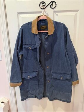 Eddie Bauer Blue Barn Coat with Tan Corduroy Collar size S (men’s)